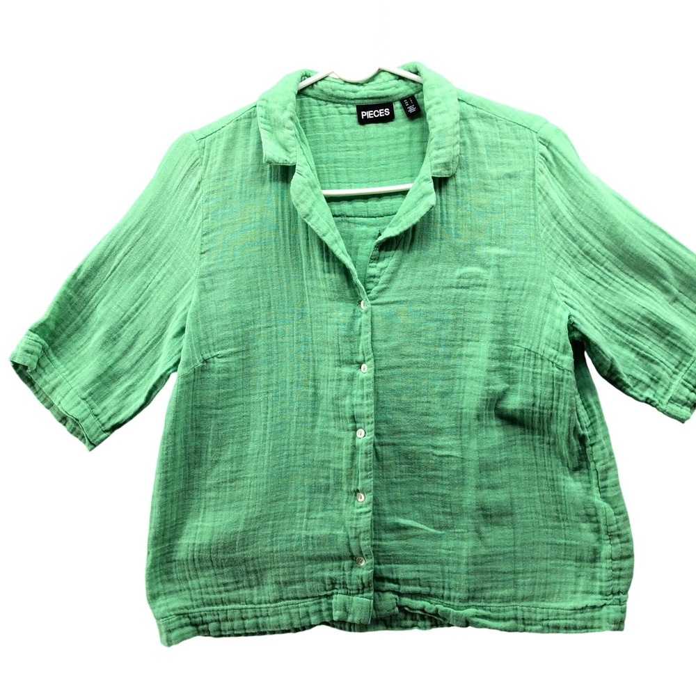 Pieces Cropped Gauze Button Down Shirt Womens L Green Short Sleeve Cotton